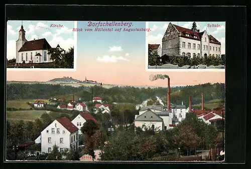 AK Dorfschellenberg, Schule, Kirche, Gesamtansicht mit Fabriken und Bergblick