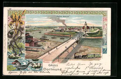 Lithographie Dortmund, Hafenpartie mit Brücke und Ortsansicht, Karpfen im Teich