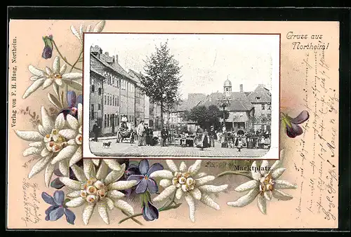 Passepartout-Lithographie Northeim, Marktplatz mit Ständen, Edelweiss
