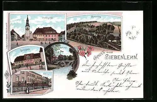 Lithographie Siebenlehn, Gasthof Rathskeller, Zollhaus, Schule