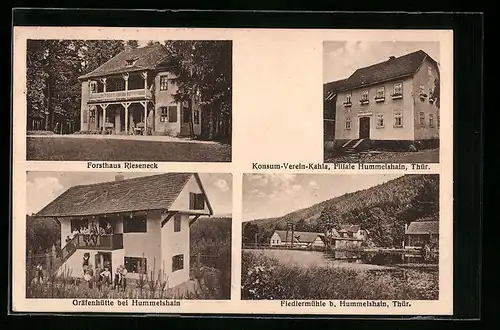 AK Hummelshain /Th., Konsumverein Kahla, Forsthaus Rieseneck, Gräfenhütte, Fiedlermühle