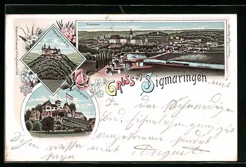 Lithographie Sigmaringen, Schützenhaus, Hohenzollern-Burg, Panorama