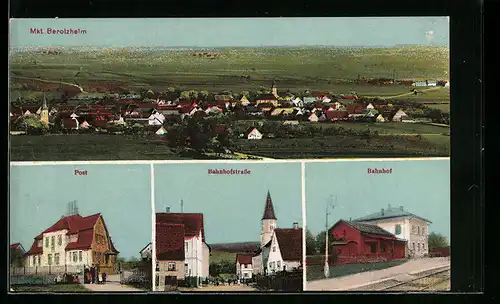 AK Berolzheim, Post, Bahnhof, Bahnhofstrasse mit Kirche, Panorama