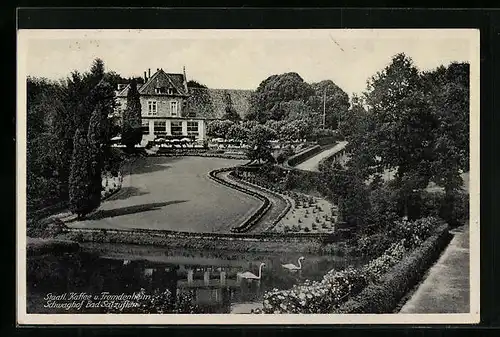 AK Bad Salzuflen, Staatl. Kaffee und Fremdenzimmer Schwaghof mit Schwanenteich, Bes. A. Reibke