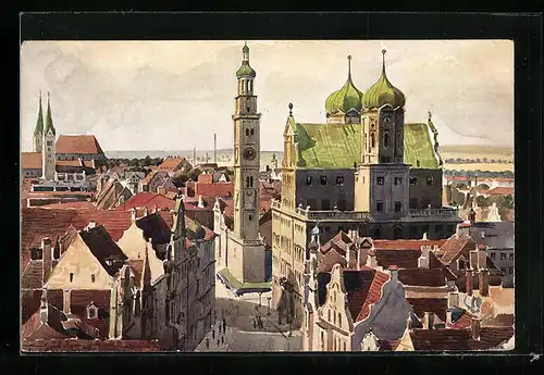 Künstler-AK Augsburg, Rathaus und Perlachturm