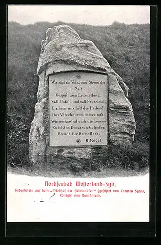 AK Westerland-Sylt, Gedenkstein auf Friedhof der Heimatlosen
