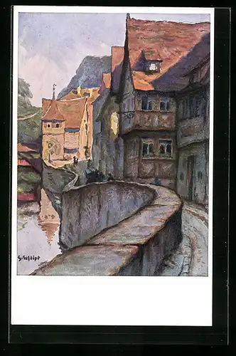 Künstler-AK Schwäbisch Hall, Alte Häuser an der Mauerstrasse