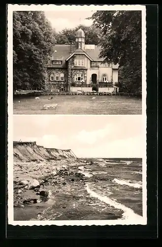 AK Waabshof b. Kl. Waabs, Gebäude und Klippen am Strand