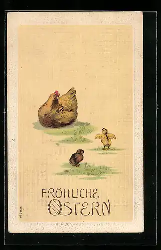 Präge-AK Huhn mit Osterküken