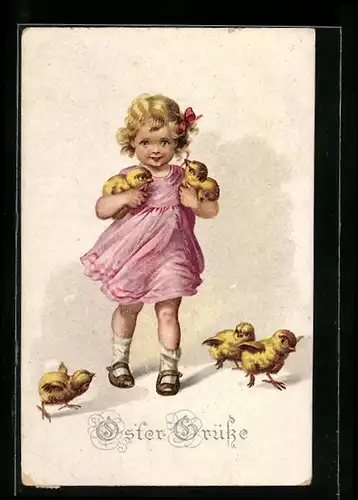 AK Kleines Mädchen mit Osterküken im Arm