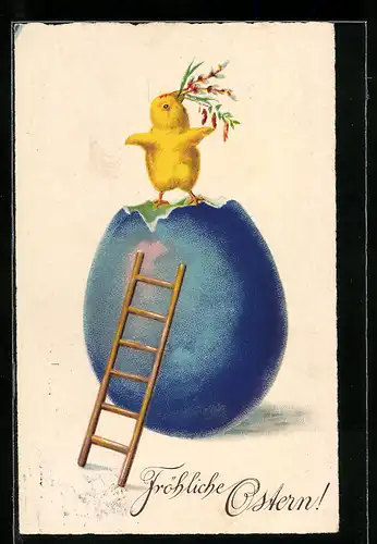 AK Osterküken mit Zweigen im Schnabel, Fröhliche Ostern