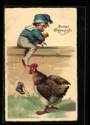 AK Kleiner Junge auf einer Mauer mit einem Küken im Arm wird von einer Henne an den Socken gezogen