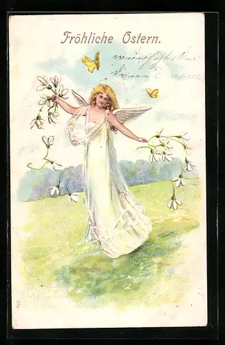 AK Engel mit Blumen und Schmetterlingen auf einer Wiese, Osterengel