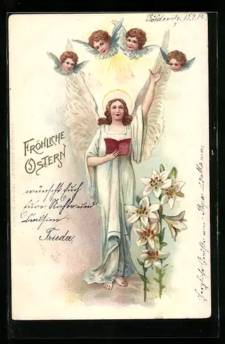 AK Osterengel mit weissen Lilien
