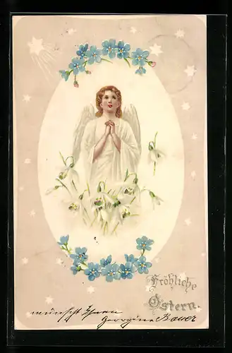 AK Betender Osterengel mit Schneeglöckchen