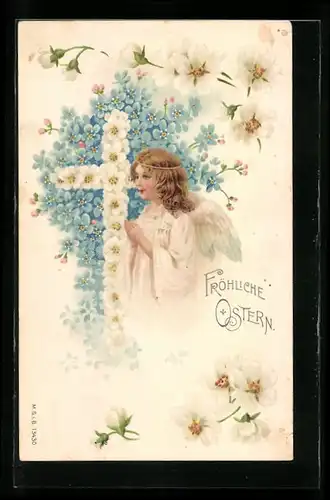 AK Betender Osterengel mit Blütenkreuz