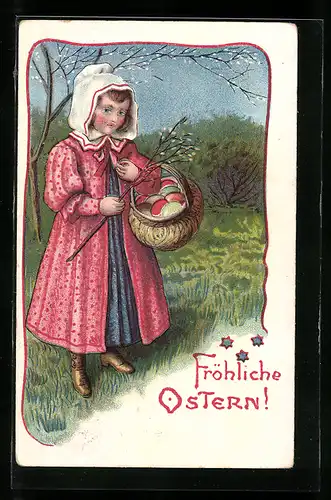 AK Mädchen mit Weidenkätzchen und bemalten Eiern am Waldrand, Fröhliche Ostern!