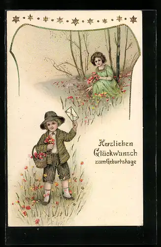 AK Mädchen mit Blumen zum Geburtstag