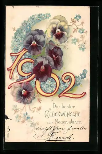 AK Jahreszahl 1902 mit Stiefmütterchen, Glückwünsche zum neuen Jahr