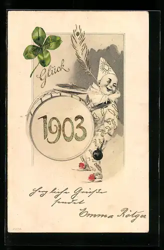AK Harlekin hält eine Pauke mit der Jahreszahl 1903