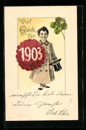 AK Junge mit Rosenstrauss und Jahreszahl 1903