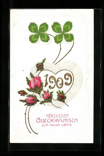 AK Jahreszahl 1909 mit Kleeblättern und Rosen