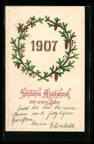 AK Jahreszahl 1907 mit Tannenzweig-Kranz