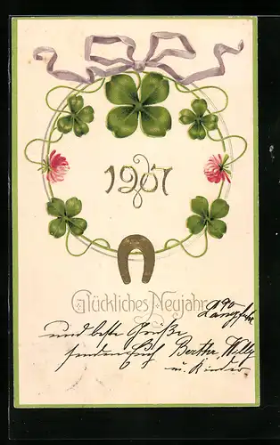 AK Jahreszahl 1907 mit Kleeblättern und Hufeisen