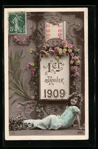 AK Mädchen mit Blumenkranz, Jahreszahl 1909