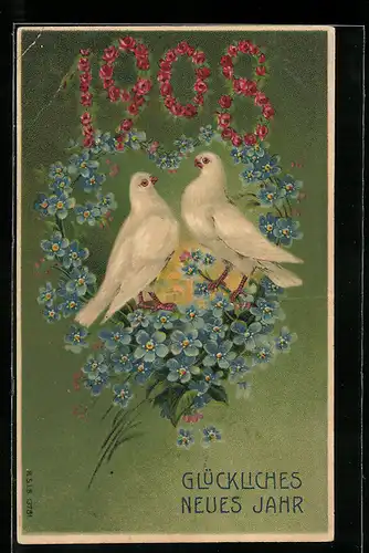 AK Zwei weisse Tauben mit blauen Vergissmeinnicht, Jahreszahl 1908