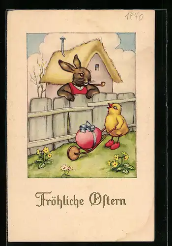 AK Osterhase am Zaun mit Osterküken