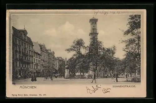 AK München, Sonnenstrasse mit protestantischer Kirche