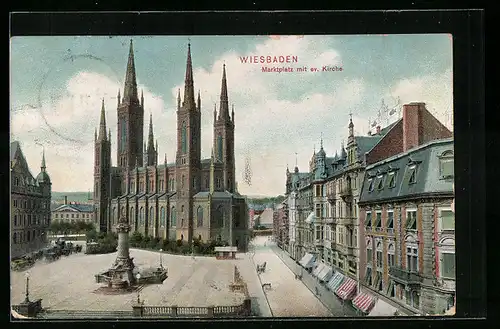 AK Wiesbaden, Marktplatz mit ev. Kirche