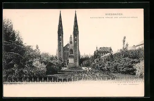 AK Wiesbaden, Kath. Kirche und Waterloo-Säule