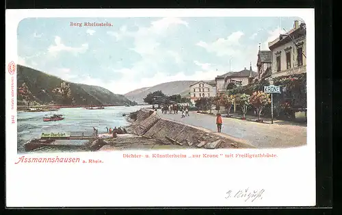 AK Assmannshausen, Strassenpartie am Hotel Krone mit Burg Rheinstein