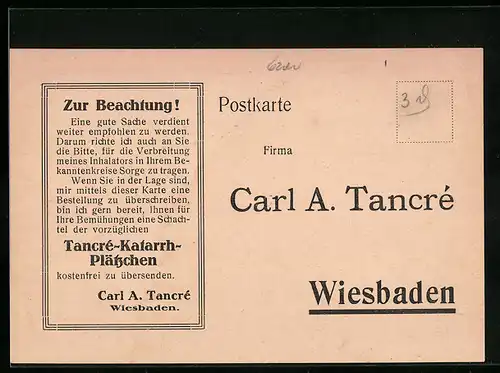 AK Wiesbaden, Inhalatoren-Hersteller Carl A. Tancré, Bestellkarte