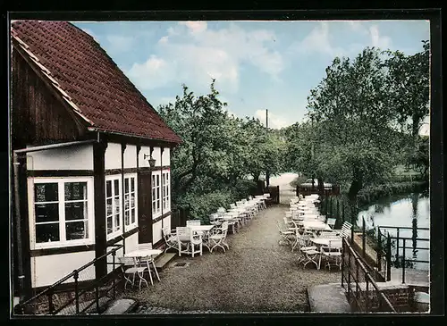 AK Helfern bei Bad Rothenfelde, Cafe Pension zur Klostermühle Geschw. Böhne mit Garten