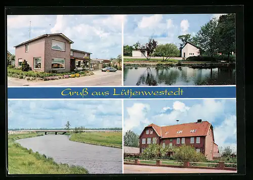 AK Lütjenwestedt /Holst., Geschäftshaus, Brücke, Gebäude am Wasser