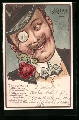 Lithographie Herr mit Monokel und Rose im Mundwinkel