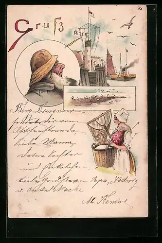 Lithographie Fischer, Hafen, Fischersfrau und Küste