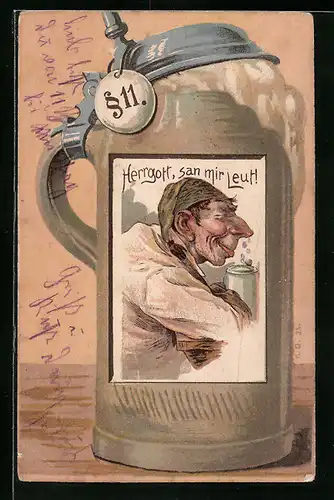 Lithographie Trinkerbildnis auf Bierkrug, Schild §11