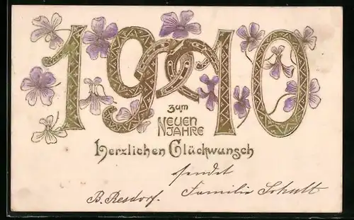 AK Jahreszahl 1910 mit Blüten und Hufeisen