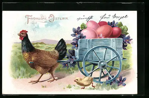 AK Osterküken begleitet die Henne mit dem Ostereier-Wagen, Fröhliche Ostern