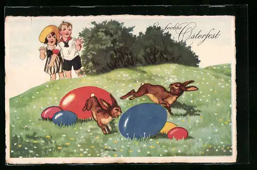 AK Kinder beobachten davon laufende Osterhasen