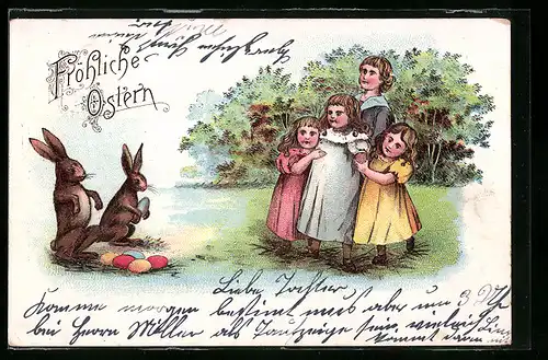 Lithographie Familie beobachtet Osterhasen mit Eiern