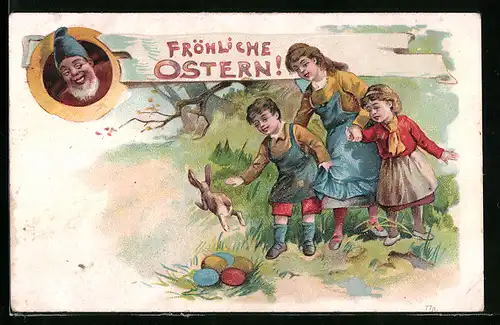 AK Zwerg wünscht Fröhliche Ostern, Familie im Grünen