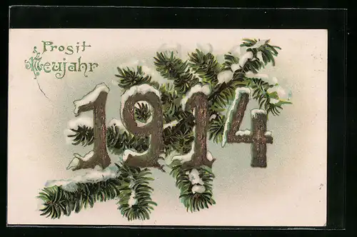 AK Verschneite Jahreszahl 1914 mit Tannenzweig