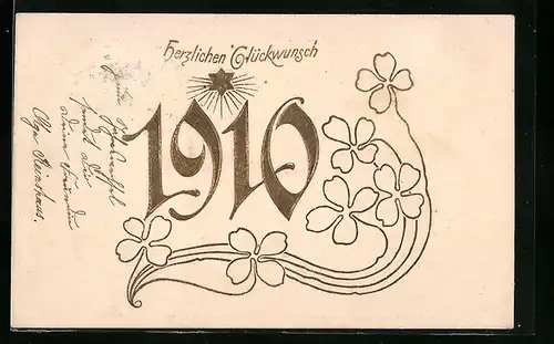 AK Jahreszahl 1910 in goldener Schrift mit Kleeblättern