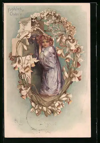 AK Fröhliche Ostern, Mädchen mit Blumen und Kreuz