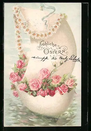 AK Osterei-Boot mit Rosen